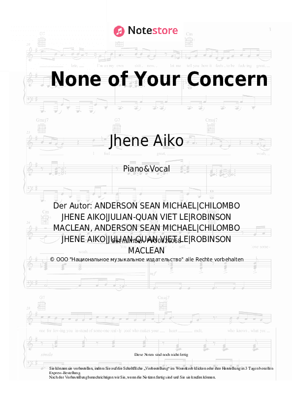 Noten mit Gesang Jhene Aiko - None of Your Concern - Klavier&Gesang