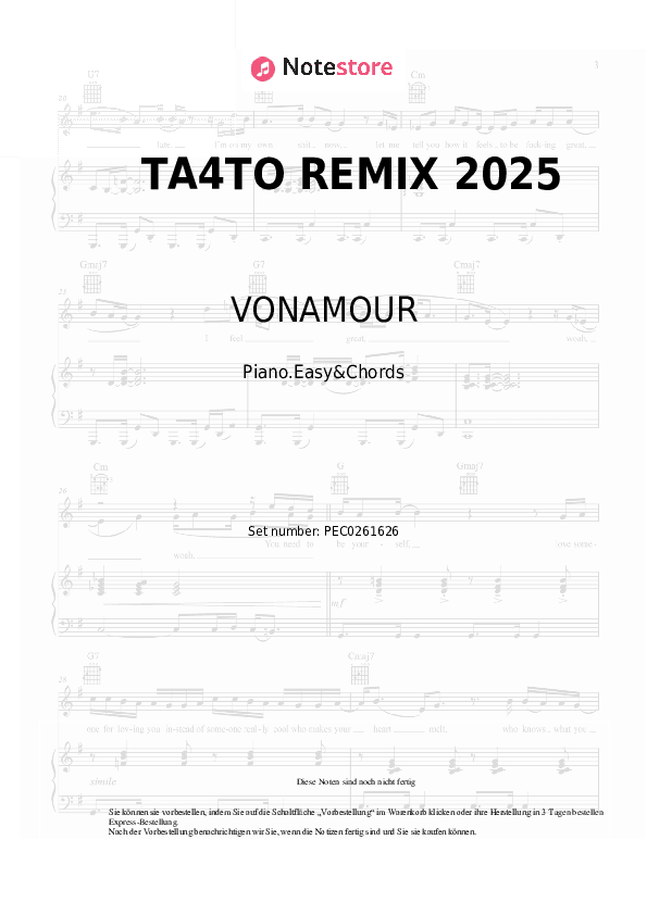 Einfache Noten und Akkorde VONAMOUR - ТА4ТО REMIX 2025 - Klavier.Einfach&Akkorde