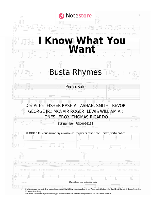 Noten Busta Rhymes, Mariah Carey - I Know What You Want - Klavier.Solo