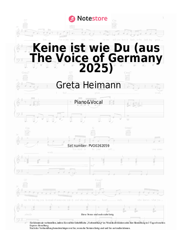 Noten mit Gesang Greta Heimann - Keine ist wie Du (aus The Voice of Germany 2025) - Klavier&Gesang