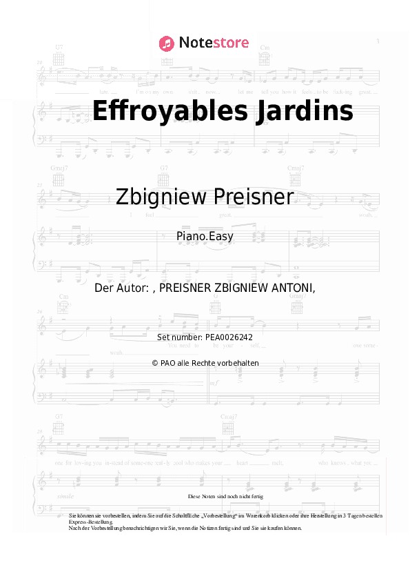 Einfache Noten Zbigniew Preisner - Effroyables Jardins - Klavier.Einfach