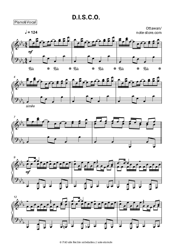Noten mit Gesang Ottawan - D.I.S.C.O. - Klavier&Gesang