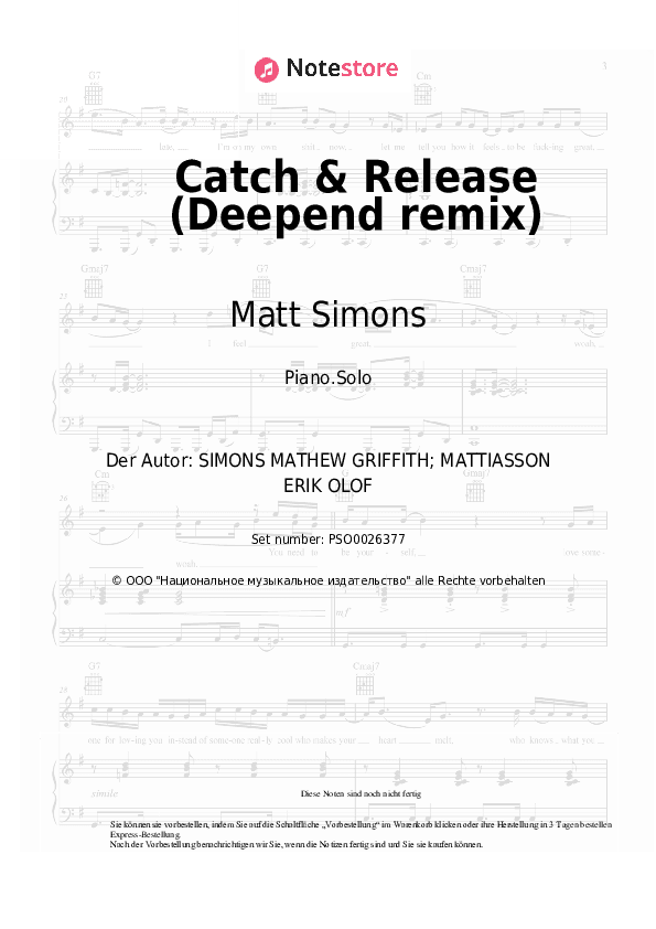 Noten Matt Simons - Catch & Release (Deepend remix) - Klavier.Solo