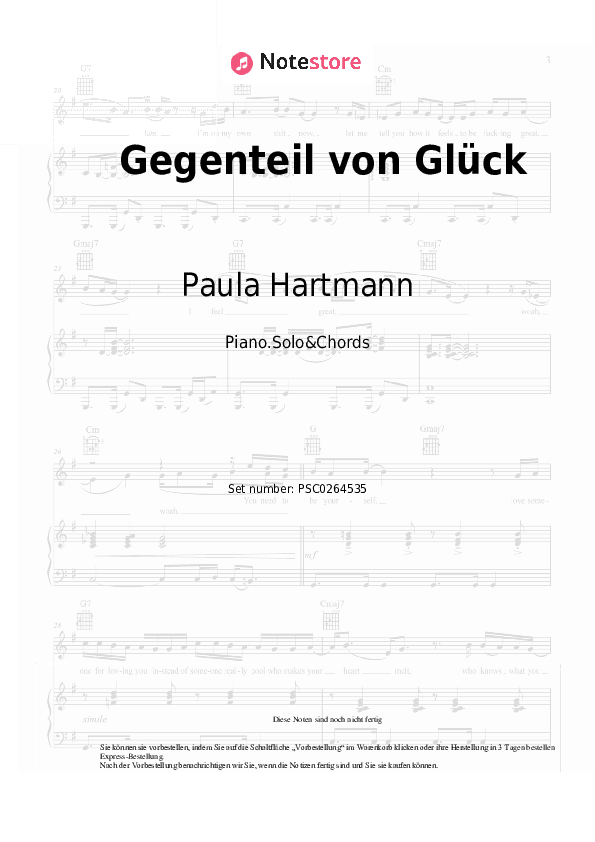 Noten und Akkorde Paula Hartmann, Berq - Gegenteil von Glück - Klavier.Solo&Akkorde