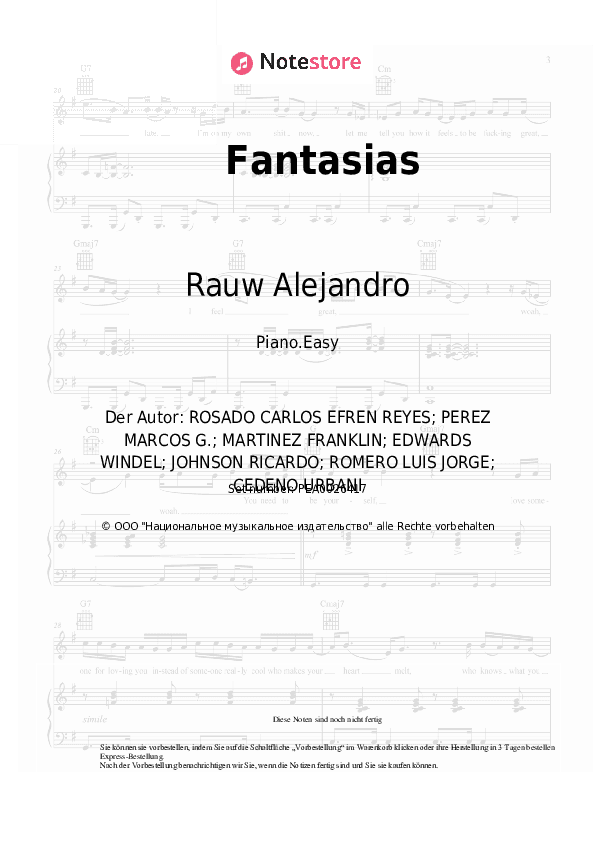 Einfache Noten Rauw Alejandro, Farruko - Fantasias - Klavier.Einfach