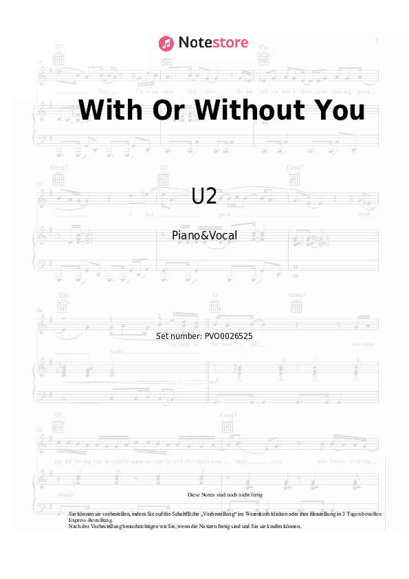Noten mit Gesang U2 - With Or Without You - Klavier&Gesang