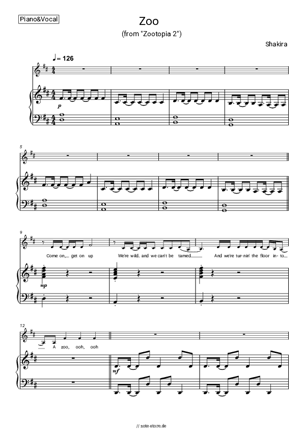 Noten mit Gesang Shakira - Zoo (From 'Zootopia 2') - Klavier&Gesang