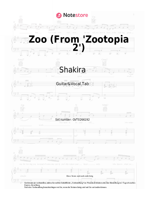 Akkorde und Gesang Shakira - Zoo (From 'Zootopia 2') - Gitarre&Gesang.Tabs