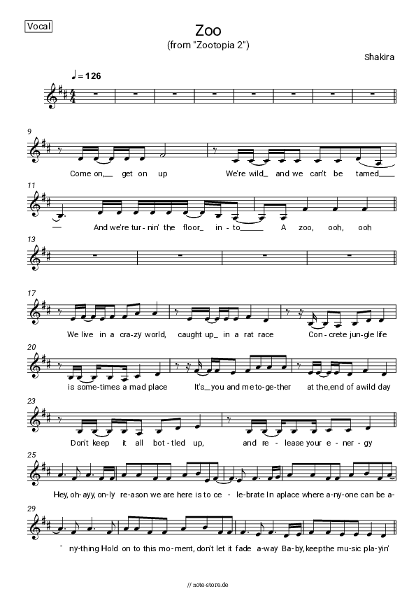 Noten Shakira - Zoo (From 'Zootopia 2') - Gesang