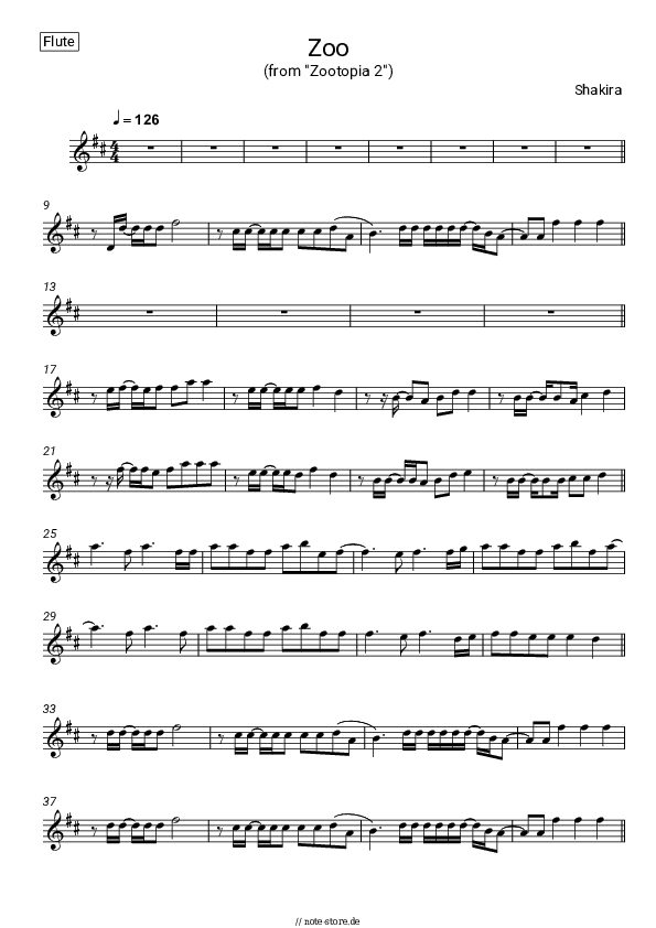 Noten Shakira - Zoo (From 'Zootopia 2') - Flöte