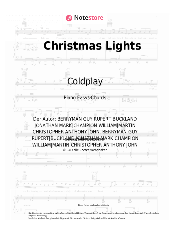 Einfache Noten und Akkorde Coldplay - Christmas Lights - Klavier.Einfach&Akkorde