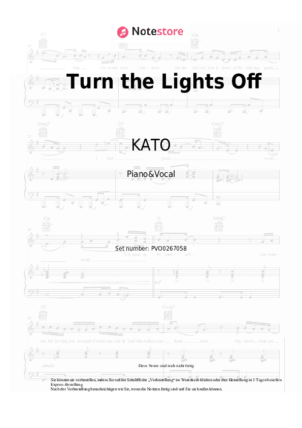 Noten mit Gesang KATO, Jon Nørgaard - Turn the Lights Off - Klavier&Gesang