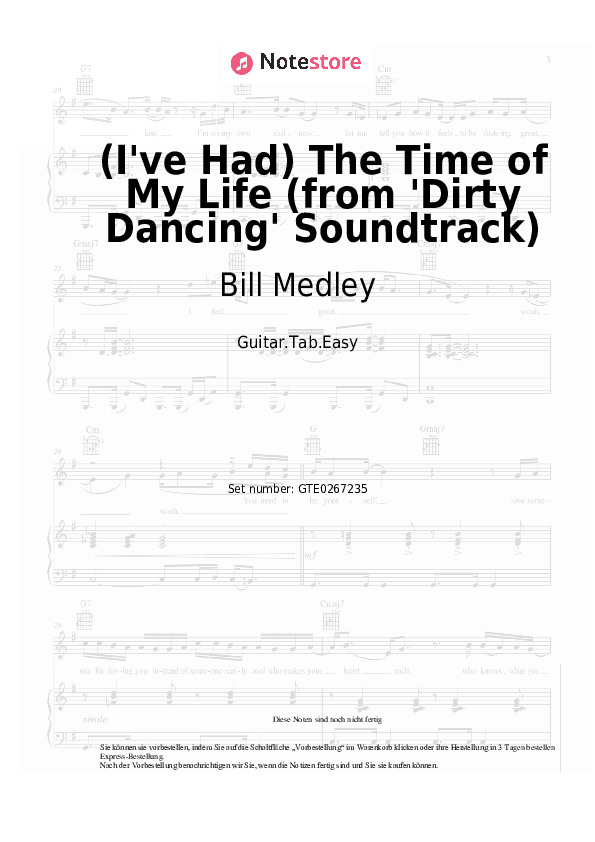 Einfache Tabs Bill Medley, Jennifer Warnes - (I've Had) The Time of My Life (from 'Dirty Dancing' Soundtrack) - Gitarre.Tabs.Einfach
