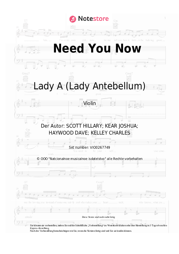 Noten Lady A (Lady Antebellum) - Need You Now - Violine