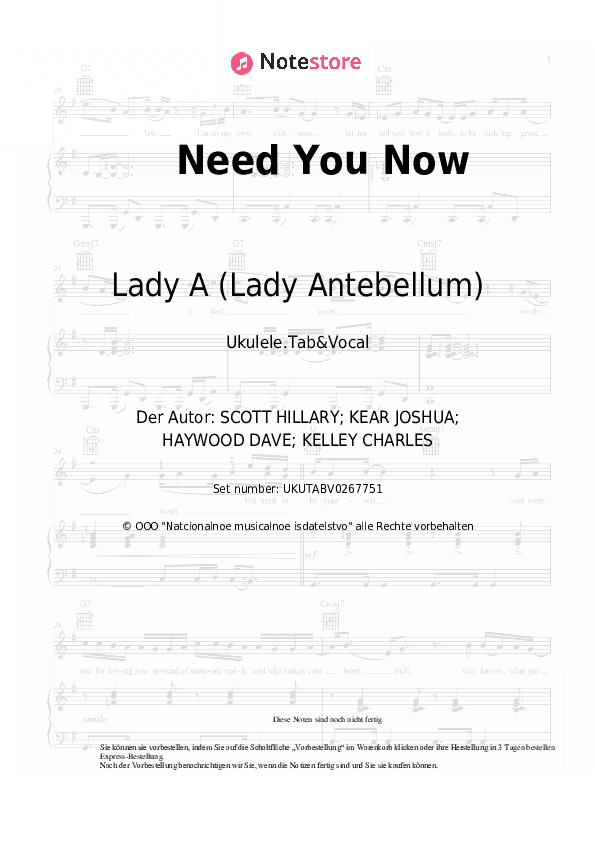 Noten Lady A (Lady Antebellum) - Need You Now - Ukulele.Tabs&Gesang