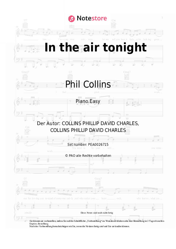 Einfache Noten Phil Collins - In the air tonight - Klavier.Einfach