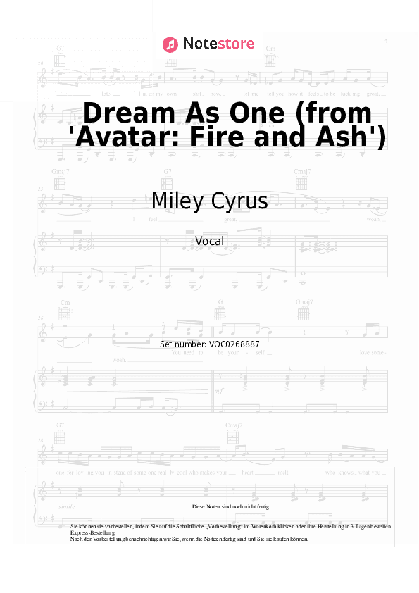 Noten Miley Cyrus - Dream As One (from 'Avatar: Fire and Ash') - Gesang
