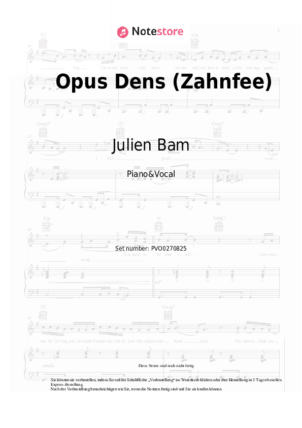 Noten mit Gesang Julien Bam, Georgia Cavallo - Opus Dens (Zahnfee) - Klavier&Gesang
