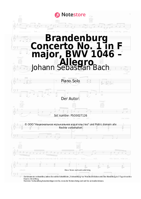 Noten Johann Sebastian Bach - Brandenburg Concerto No. 1 in F major, BWV 1046 – Allegro - Klavier.Solo