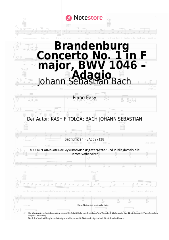 Einfache Noten Johann Sebastian Bach - Brandenburg Concerto No. 1 in F major, BWV 1046 – Adagio - Klavier.Einfach