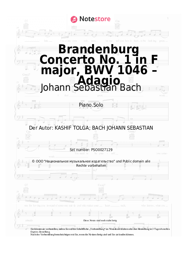 Noten Johann Sebastian Bach - Brandenburg Concerto No. 1 in F major, BWV 1046 – Adagio - Klavier.Solo