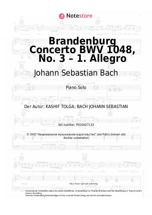 Noten Johann Sebastian Bach - Brandenburg Concerto BWV 1048, No. 3 – 1. Allegro - Klavier.Solo