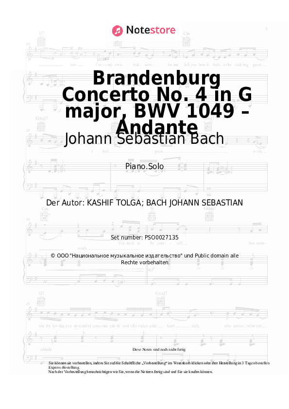 Noten Johann Sebastian Bach - Brandenburg Concerto No. 4 in G major, BWV 1049 – Andante - Klavier.Solo