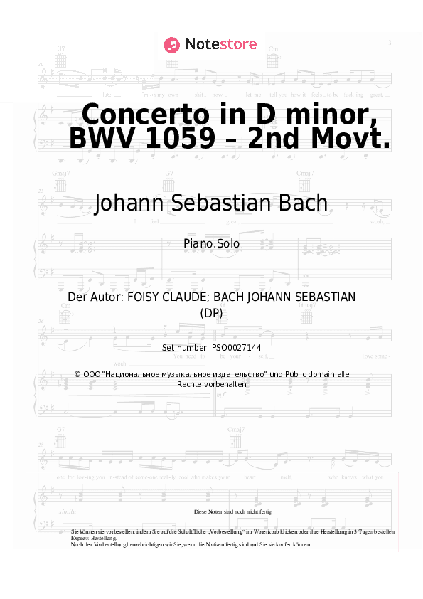 Noten Johann Sebastian Bach - Concerto in D minor, BWV 1059 – 2nd Movt. - Klavier.Solo