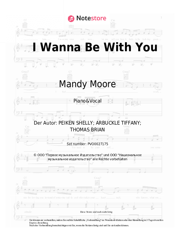 Noten mit Gesang Mandy Moore - I Wanna Be With You - Klavier&Gesang