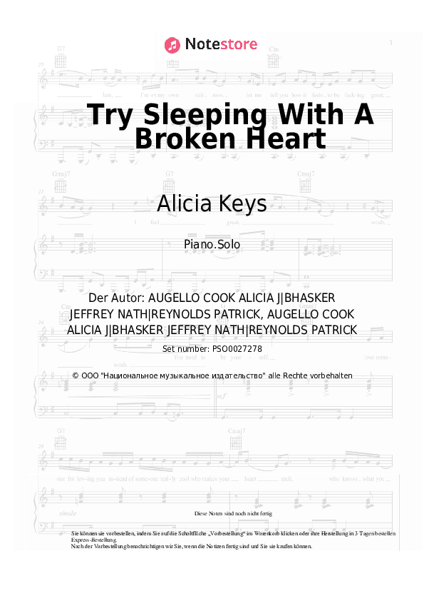 Noten Alicia Keys - Try Sleeping With A Broken Heart - Klavier.Solo