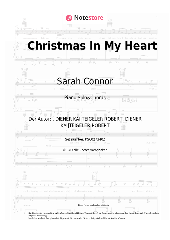 Noten und Akkorde Sarah Connor - Christmas In My Heart - Klavier.Solo&Akkorde