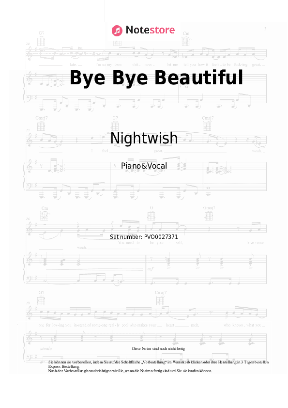 Noten mit Gesang Nightwish - Bye Bye Beautiful - Klavier&Gesang