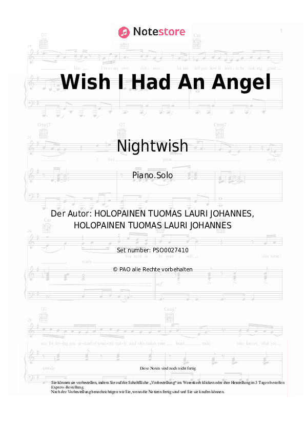 Noten Nightwish - Wish I Had An Angel - Klavier.Solo