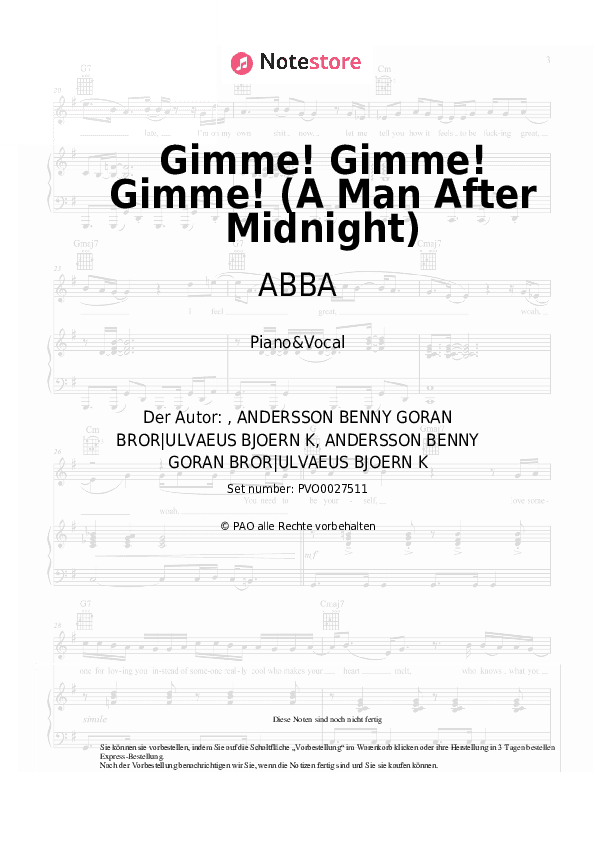 Noten mit Gesang ABBA - Gimme! Gimme! Gimme! (A Man After Midnight) - Klavier&Gesang