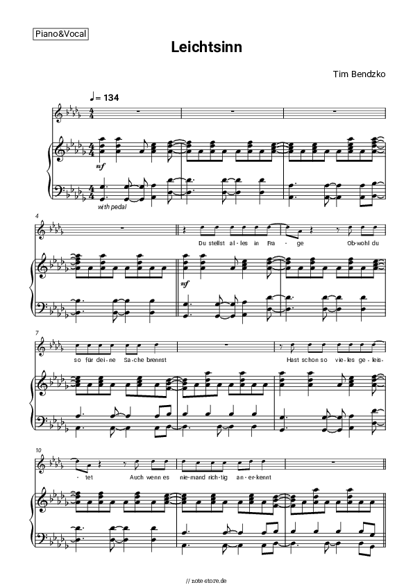 Noten mit Gesang Tim Bendzko - Leichtsinn - Klavier&Gesang