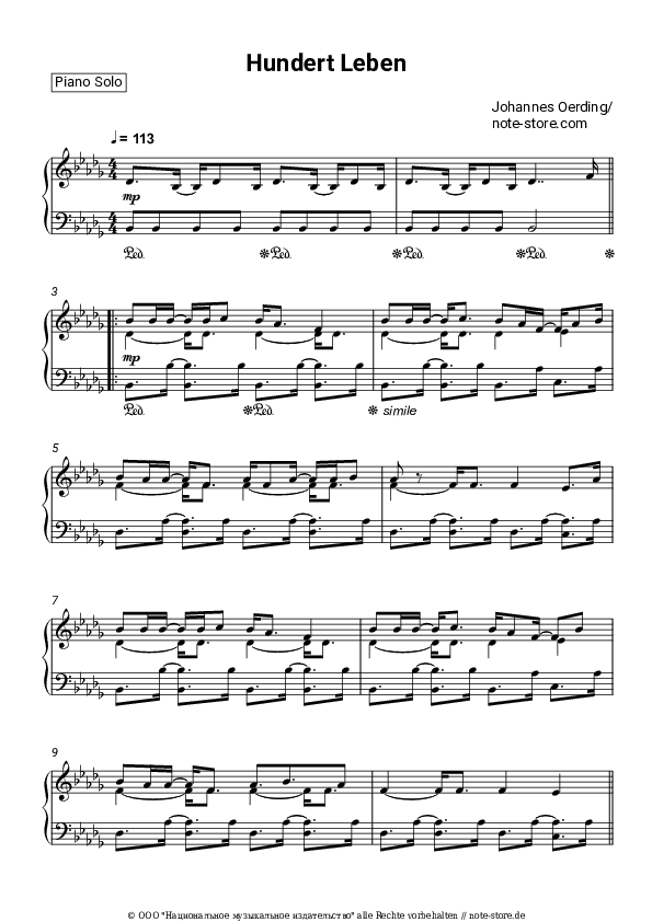 Noten Johannes Oerding - Hundert Leben - Klavier.Solo