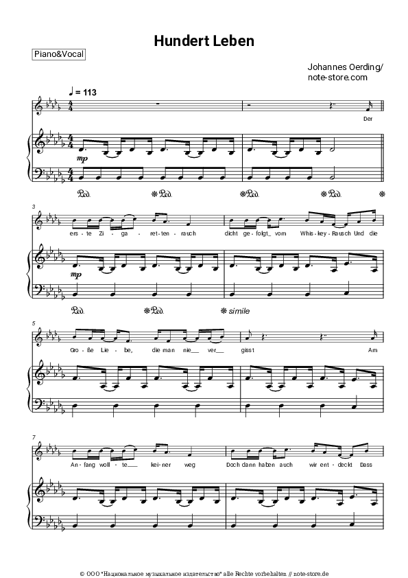Noten mit Gesang Johannes Oerding - Hundert Leben - Klavier&Gesang