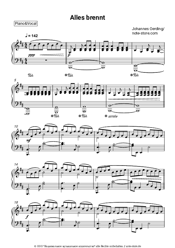 Noten mit Gesang Johannes Oerding - Alles brennt - Klavier&Gesang