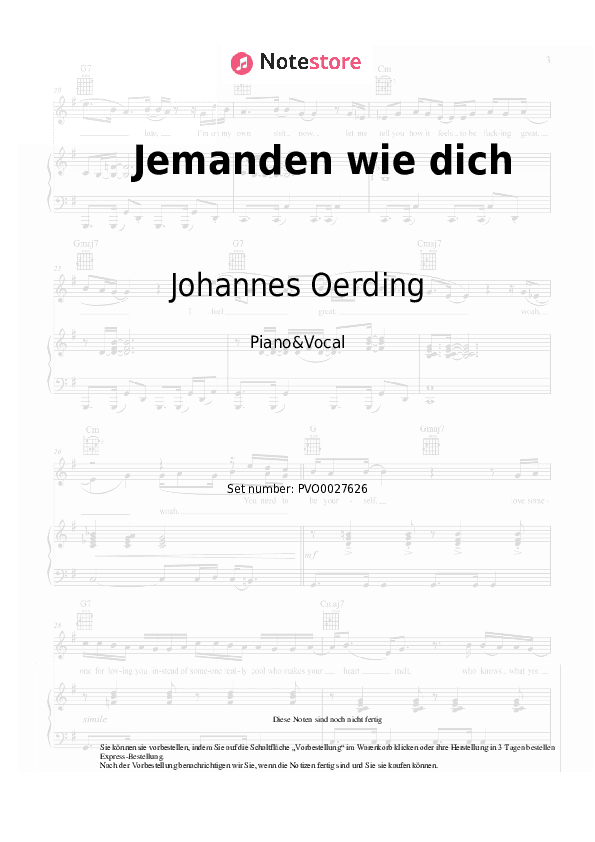 Noten mit Gesang Johannes Oerding - Jemanden wie dich - Klavier&Gesang