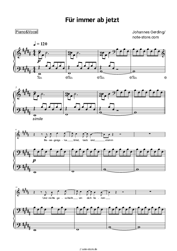 Noten mit Gesang Johannes Oerding - Fur immer ab jetzt - Klavier&Gesang