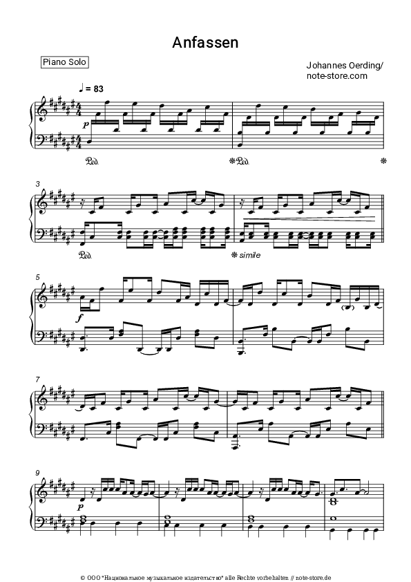 Noten Johannes Oerding - Anfassen - Klavier.Solo