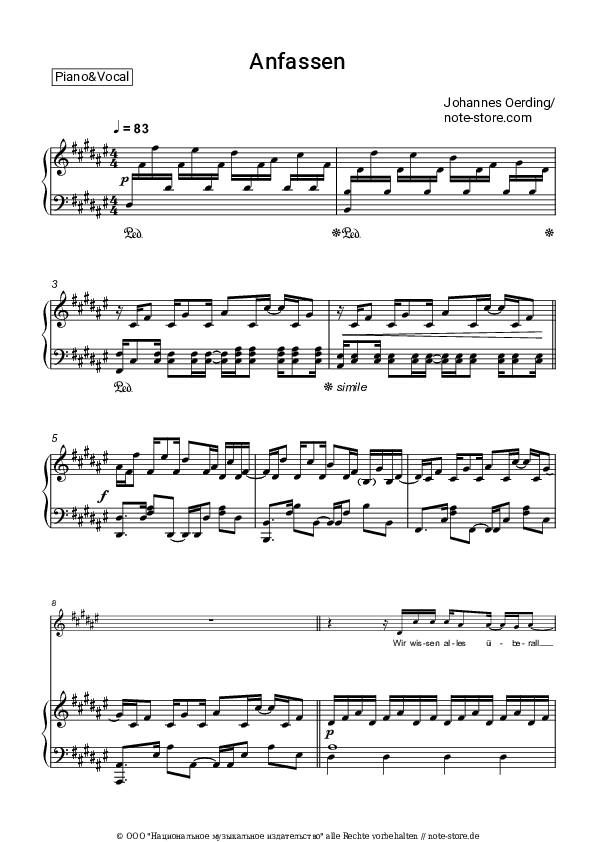 Noten mit Gesang Johannes Oerding - Anfassen - Klavier&Gesang