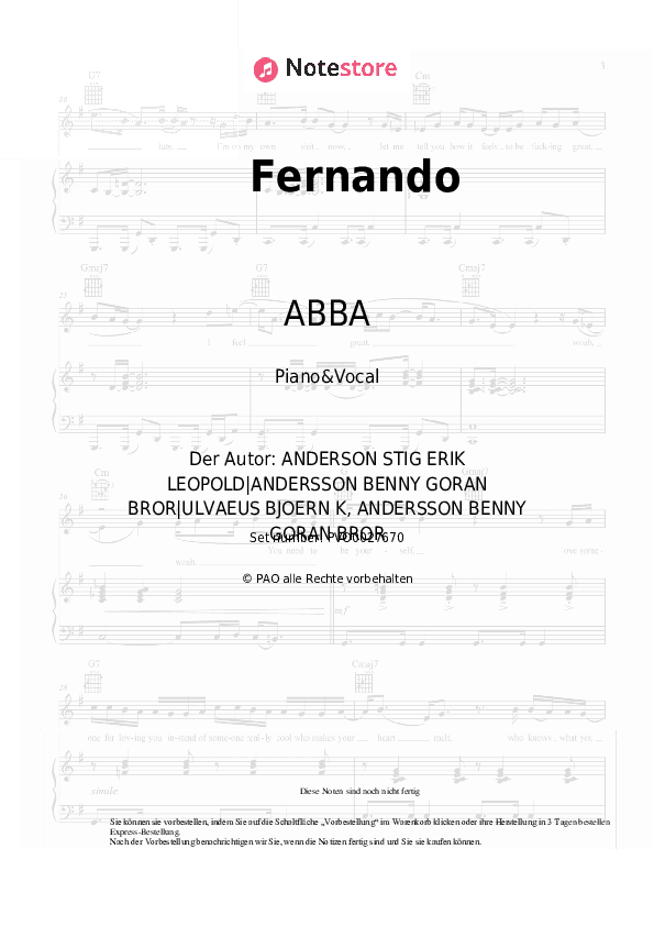 Noten mit Gesang ABBA - Fernando - Klavier&Gesang