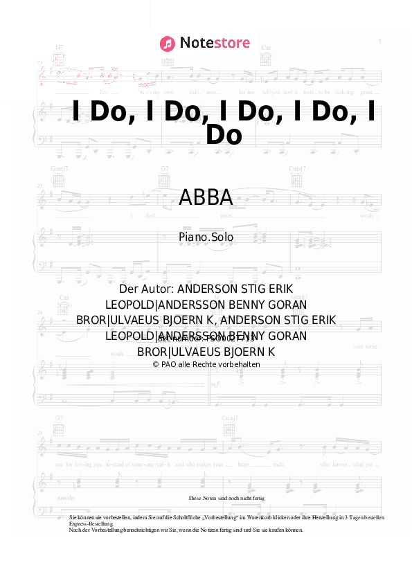 Noten ABBA - I Do, I Do, I Do, I Do, I Do - Klavier.Solo