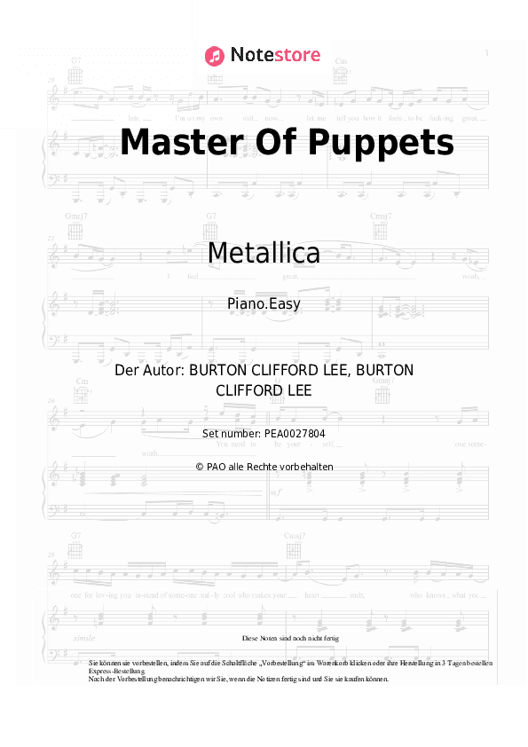 Einfache Noten Metallica - Master Of Puppets - Klavier.Einfach