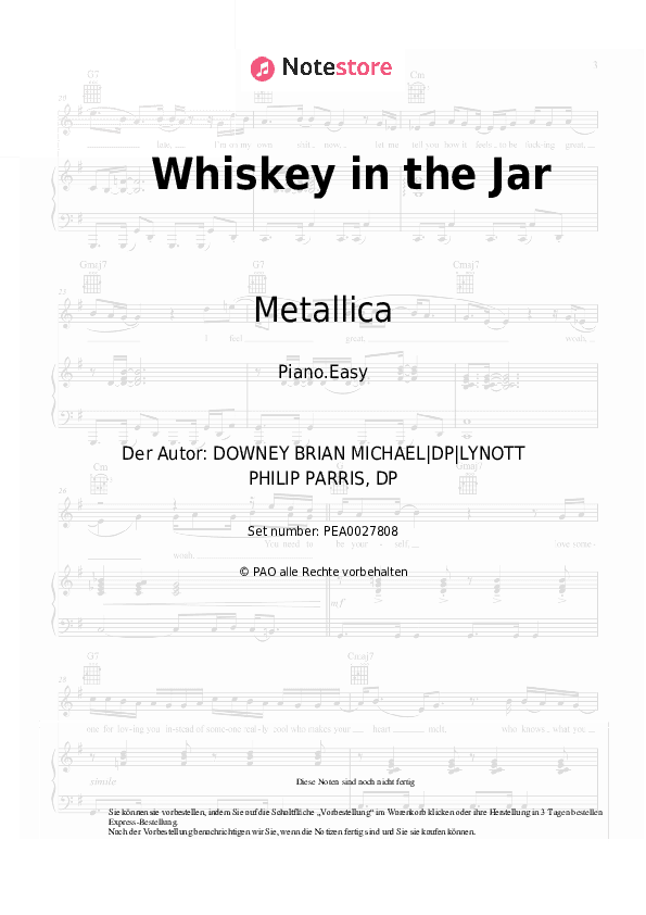 Einfache Noten Metallica - Whiskey in the Jar - Klavier.Einfach