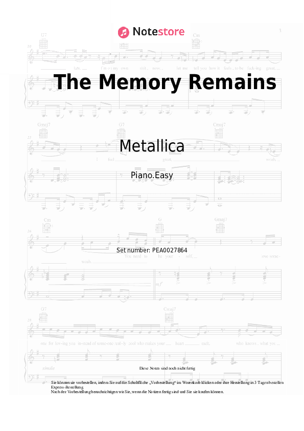 Einfache Noten Metallica - The Memory Remains - Klavier.Einfach