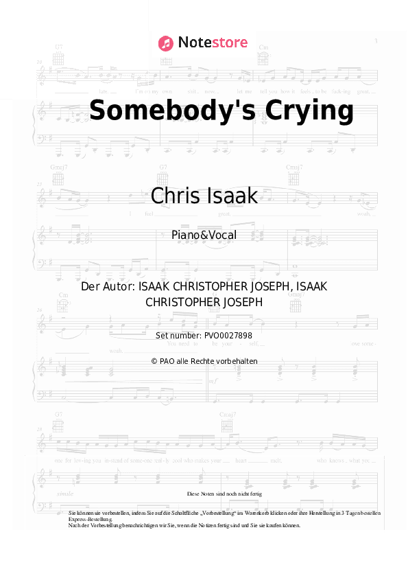 Noten mit Gesang Chris Isaak - Somebody's Crying - Klavier&Gesang