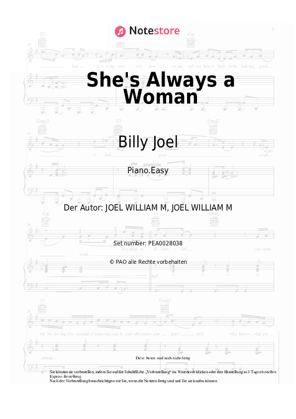 Einfache Noten Billy Joel - She's Always a Woman - Klavier.Einfach