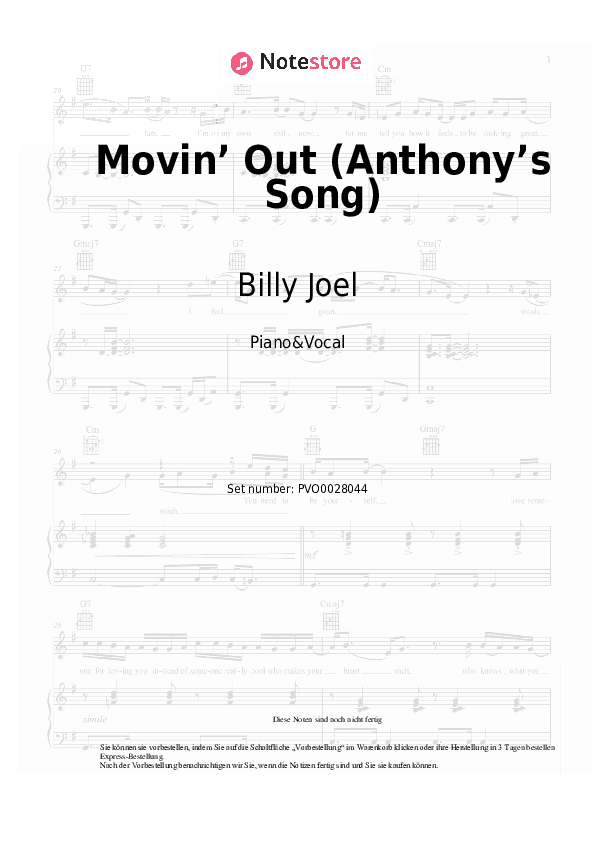 Noten mit Gesang Billy Joel - Movin’ Out (Anthony’s Song) - Klavier&Gesang